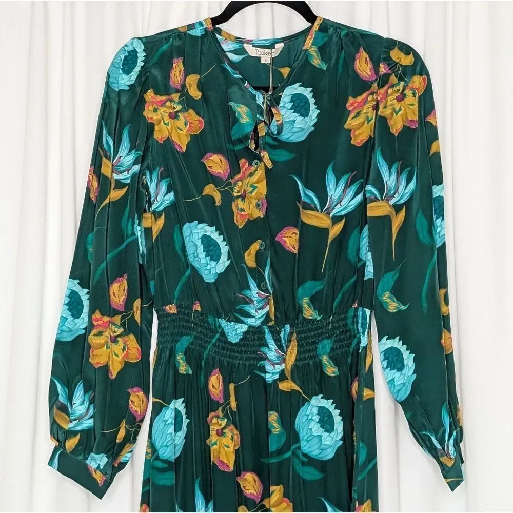 Tucker Juliette Dress Teal Tropics in Crepe de Chine Silk Midi Floral